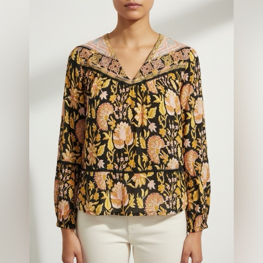 Rachel Zoe Black Floral V-Neck Embroidered Peasant Bohemian Blouse Sz XS